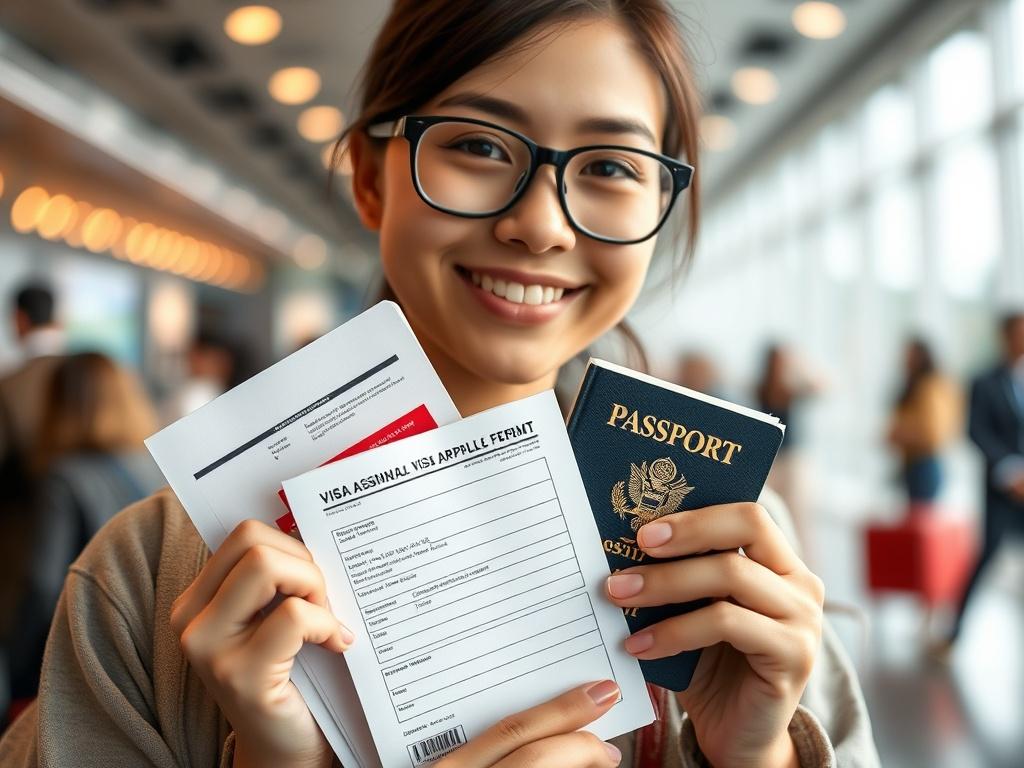 A high-resolution close-up of a student holding a passport and visa application forms, looking confident and prepared. The background should reflect an atmosphere of excitement and anticipation, perhaps with travel-related elements subtly included. Use a cohesive color palette that aligns with rgb(205, 48, 52).
