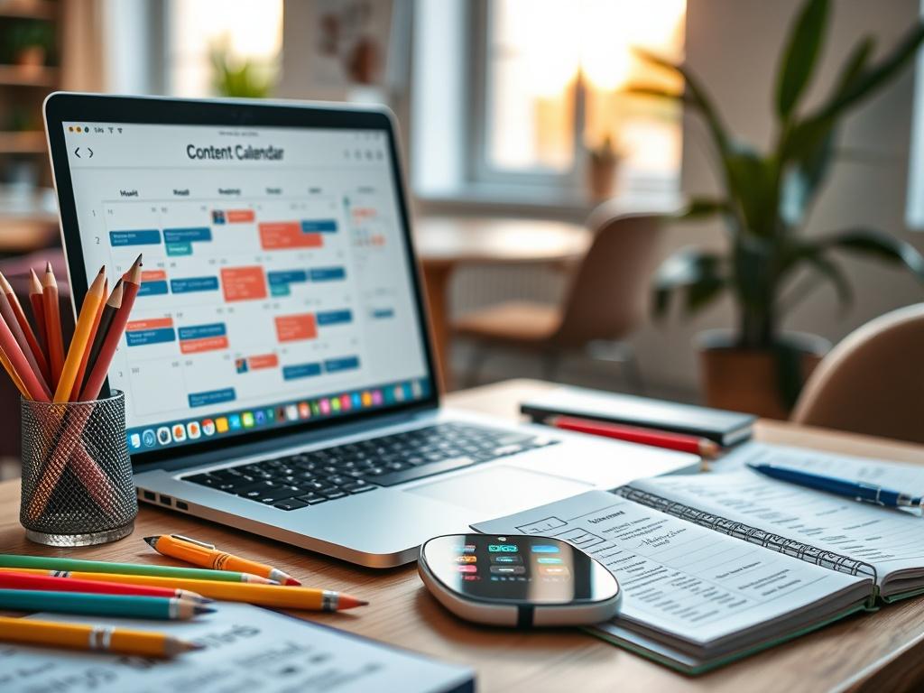 A realistic high-resolution close-up shot of a creative workspace with a laptop open to a social media content calendar. The scene should include colorful stationery, a smartphone displaying social media apps, and a notepad filled with strategic ideas. The background should be a softly blurred, inviting office environment, with warm natural light coming through a window, creating an inspiring atmosphere. The color palette should harmonize with rgb(193, 153, 87).