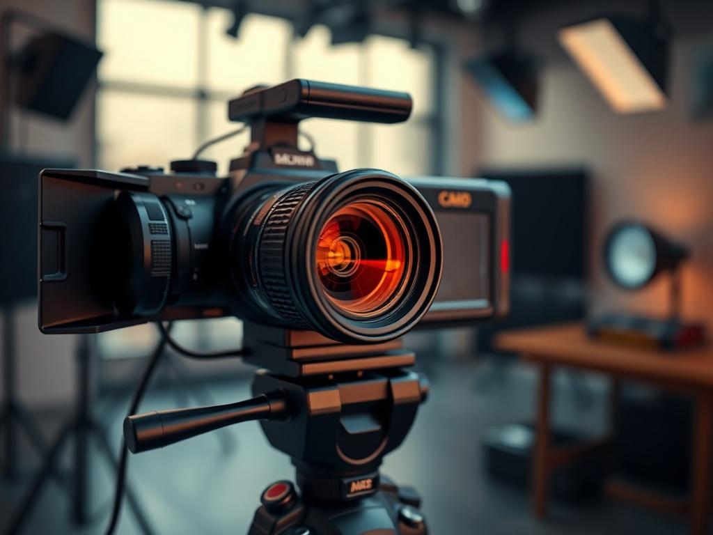 A close-up shot of a video camera on a tripod, focusing on the lens with a blurred background of a modern studio setup, in warm tones to match rgb(193, 153, 87).