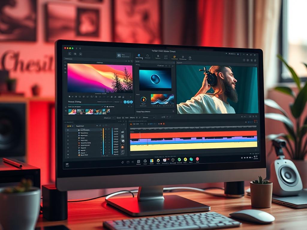 A close-up shot of a video editing software interface on a computer screen, with vibrant color grading tools visible, set in a stylish workspace, in warm tones to match rgb(193, 153, 87).