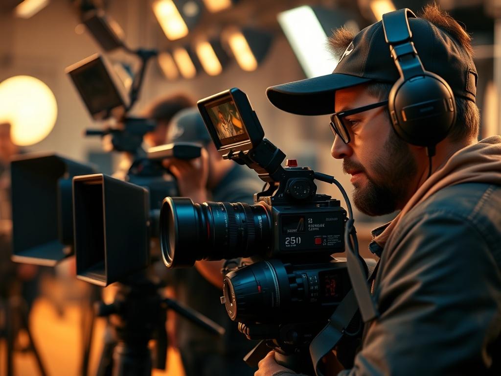 A close-up shot of a professional film crew in action, capturing footage with high-end cameras on set, surrounded by lighting equipment, in warm tones to match rgb(193, 153, 87).