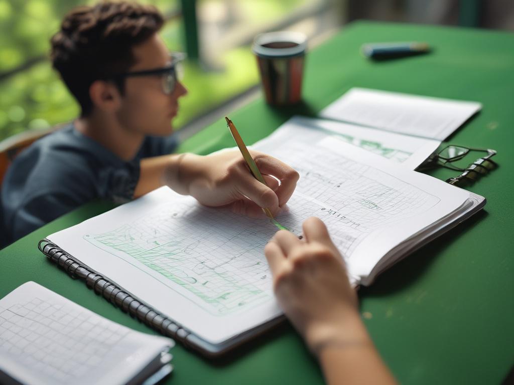 a close-up shot of a student studying mathematics with a notebook, vibrant green background, hyper-realistic, shot with a 45mm f/1.2 lens