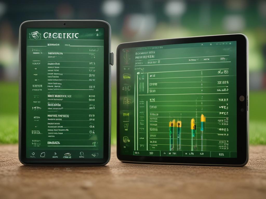 a close-up shot of cricket statistics displayed on a digital tablet, vibrant green background, hyper-realistic, shot with a 45mm f/1.2 lens