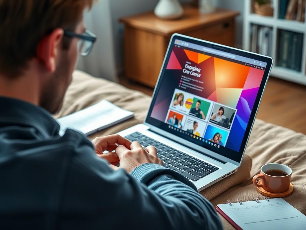 A person comfortably studying on a laptop at home, surrounded by notes and a cup of coffee. The screen displays an engaging online course interface with vibrant visuals. The setting is cozy and conducive to focused learning.