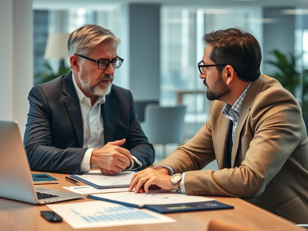 An experienced consultant and a client sitting across a desk, engaged in a focused discussion about financial strategies. Papers and charts are visible on the desk, creating an atmosphere of professionalism and trust. The background features a bright, modern office setting.
