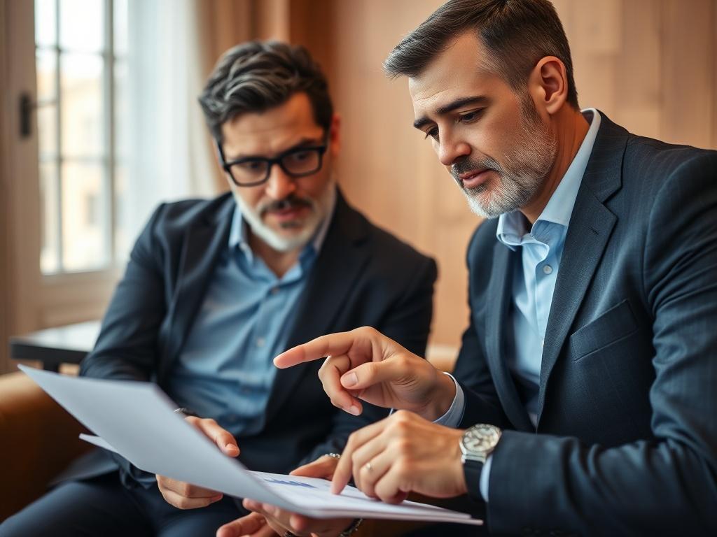 A close-up of a financial advisor and a client engaged in a private consultation, reviewing documents together. The setting is warm and professional, conveying trust and confidentiality. The advisor is pointing to a financial chart, emphasizing personalized advice in a focused atmosphere.