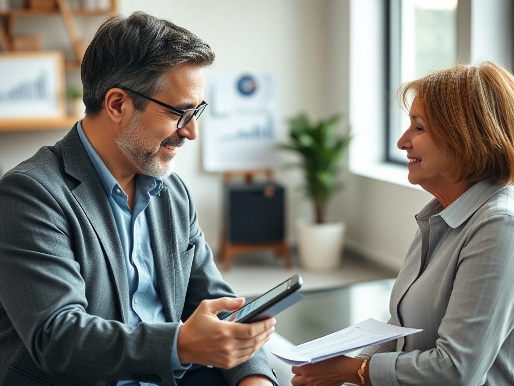 A close-up shot of an experienced financial advisor engaged in a one-on-one consultation with a client, showcasing a warm and inviting atmosphere. The advisor is explaining annuity options using a tablet, with charts and graphs visible. Soft, natural lighting enhances the professional setting, creating a sense of trust and clarity. The background features a modern office with financial documents and a plant, conveying a sense of professionalism and approachability.