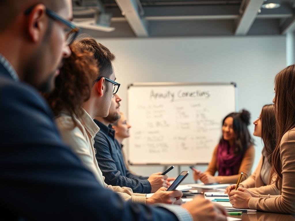 A close-up shot of a diverse group of people engaged in a workshop setting, with a focus on a presenter explaining annuity concepts on a whiteboard. The setting should have bright, inviting colors and a professional atmosphere, with participants actively taking notes and discussing. The image should evoke a sense of collaboration and learning.