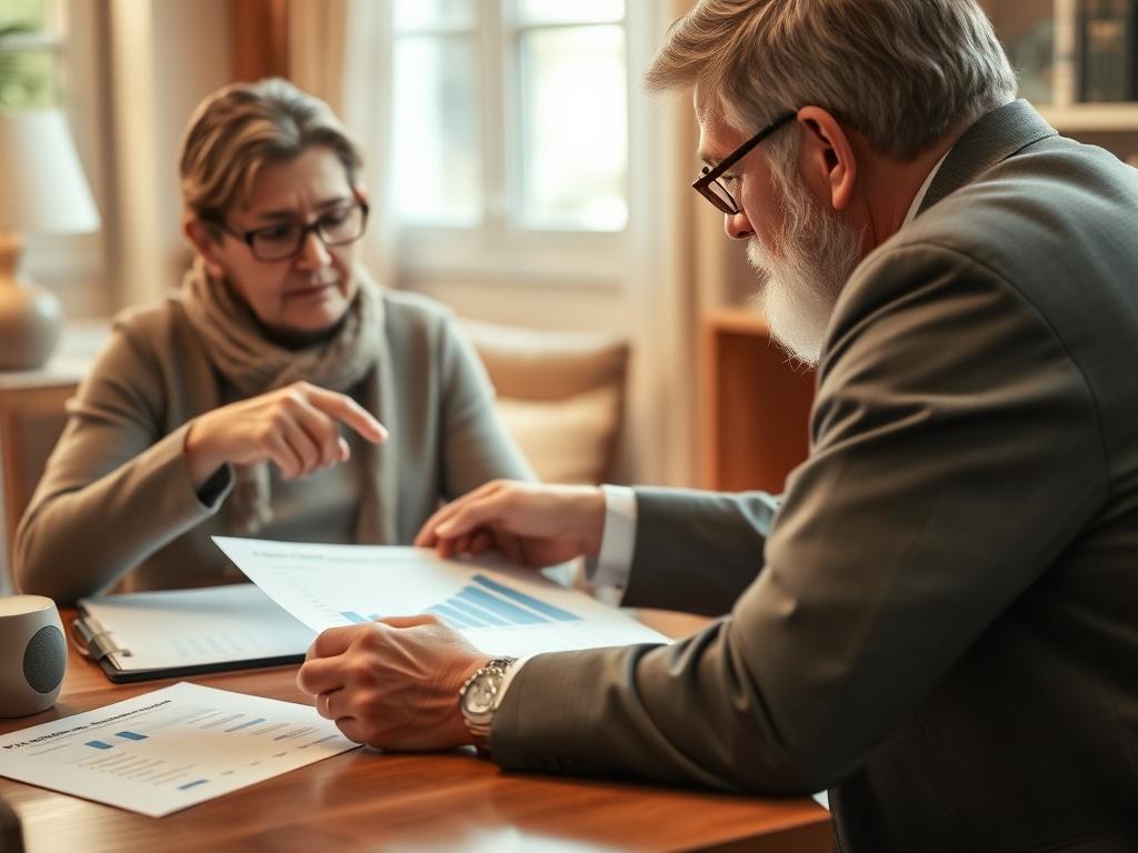A close-up shot of a financial advisor meeting with a retiree in a cozy office setting, with documents and charts on the table. The advisor is pointing to a chart while the retiree listens attentively, showcasing a sense of trust and professionalism. The background should be warm and inviting, creating a comfortable atmosphere for discussion.