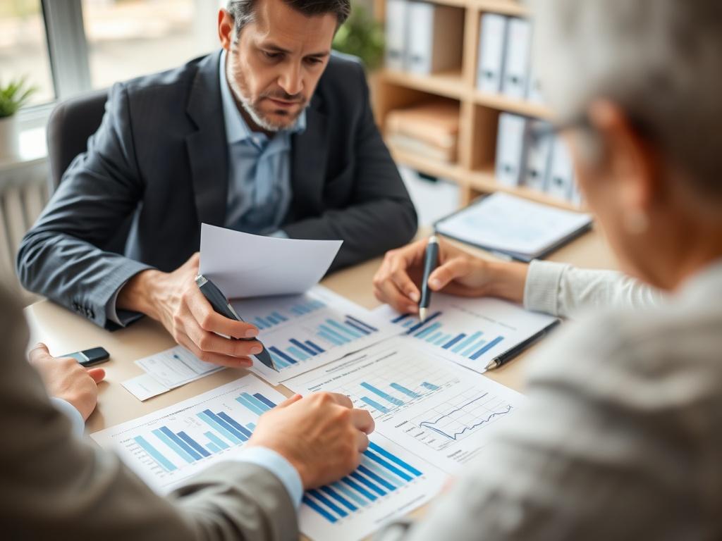 A close-up shot of a professional conducting an annuity review with a client, highlighting charts and documents on a table. The setting should convey focus and analysis, with an emphasis on the advisor explaining details clearly. The background should be organized and professional, reflecting a serious approach to financial planning.