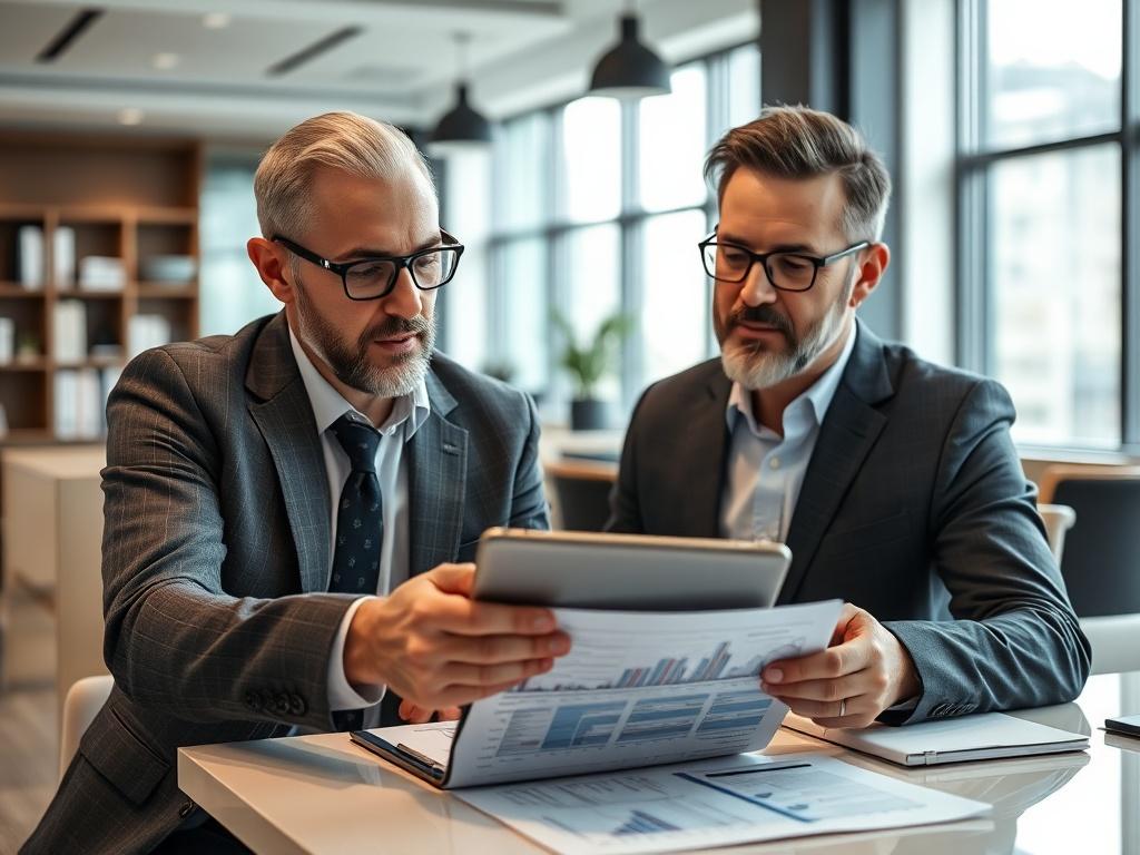 A financial advisor and a client reviewing a detailed strategy plan on a tablet in a modern office environment. The advisor gestures towards the tablet, explaining key points while the client looks engaged and thoughtful.