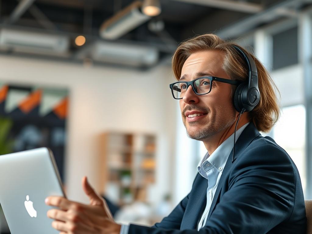 A professional consultant on a video call with a client, discussing financial adjustments. The setting is bright and modern, with a focus on the consultant's engaging demeanor and the technology used for communication.