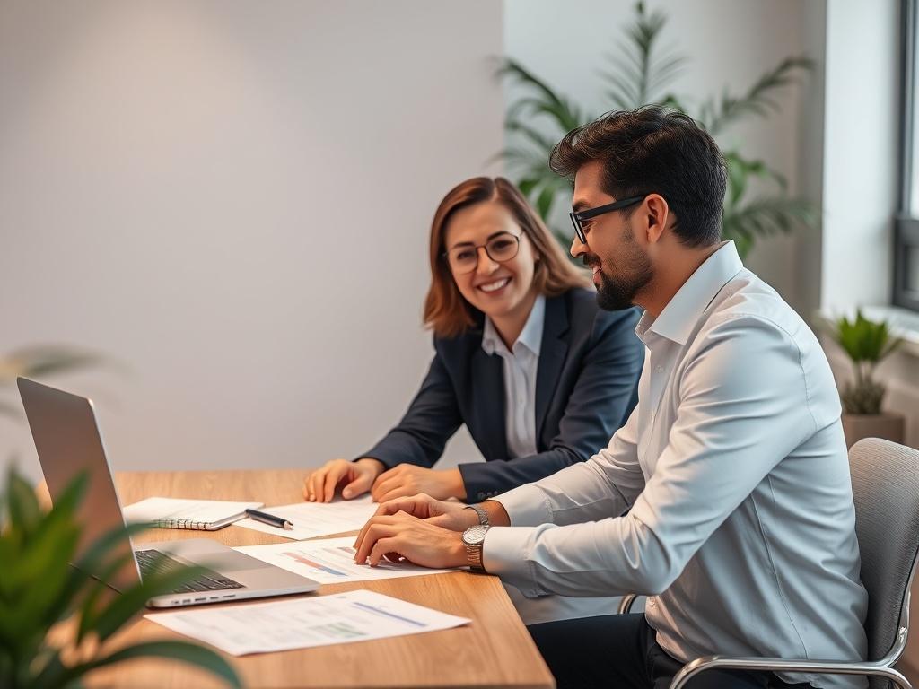 A serene office setting with a professional consultant engaging in a friendly discussion with a client, showcasing a warm atmosphere. The consultant is using a laptop, and there are financial documents on the table. The background features soft lighting and plants to create an inviting environment.