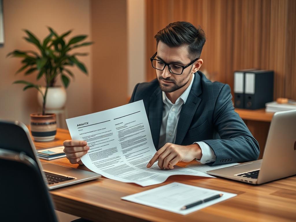 Create a highly realistic, high-resolution photo that captures the essence of exploring various annuity payout options. The composition should focus on a single, well-dressed financial consultant seated at a modern wooden desk, reviewing a detailed annuity contract. The consultant should have an engaged expression, showcasing curiosity and professionalism, as they point to specific sections of the document.

In the background, include a softly blurred office setting with warm, inviting lighting. Add element