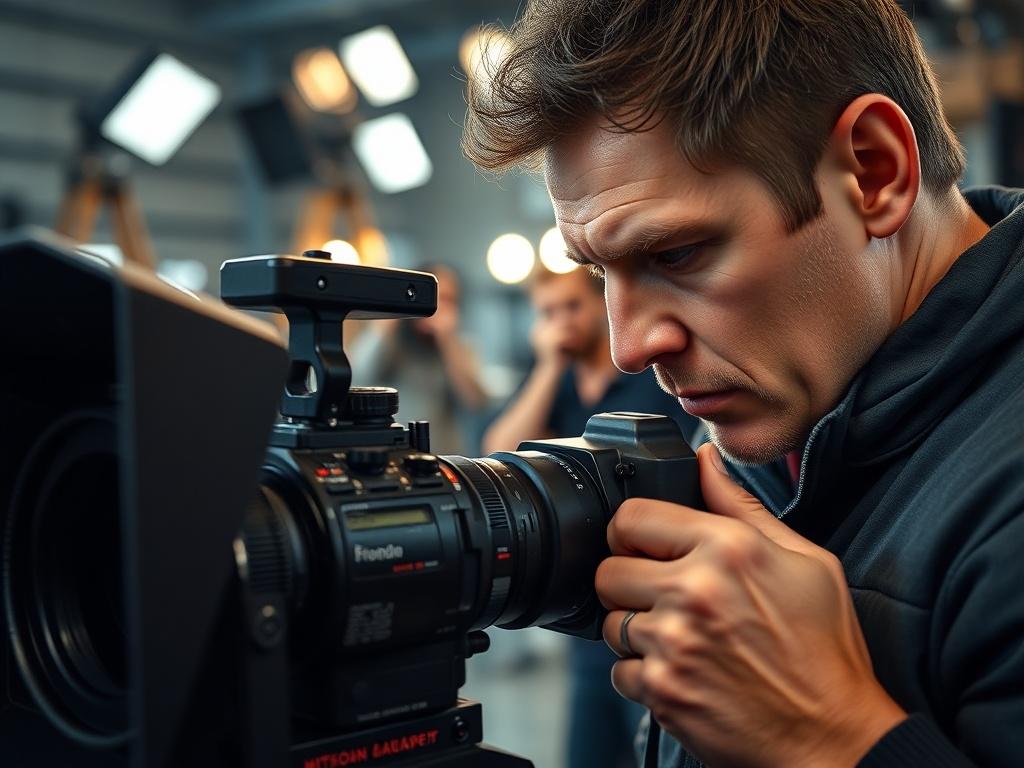 A close-up shot of a film director adjusting a camera on set, focusing on the director's intense expression and the intricate details of the camera equipment. The background features a blurred film set with lighting equipment and crew members preparing for a shoot. The image should be shot with a 45mm f/1.2 lens to create a hyper-realistic effect, showcasing the energy and creativity of commercial production.