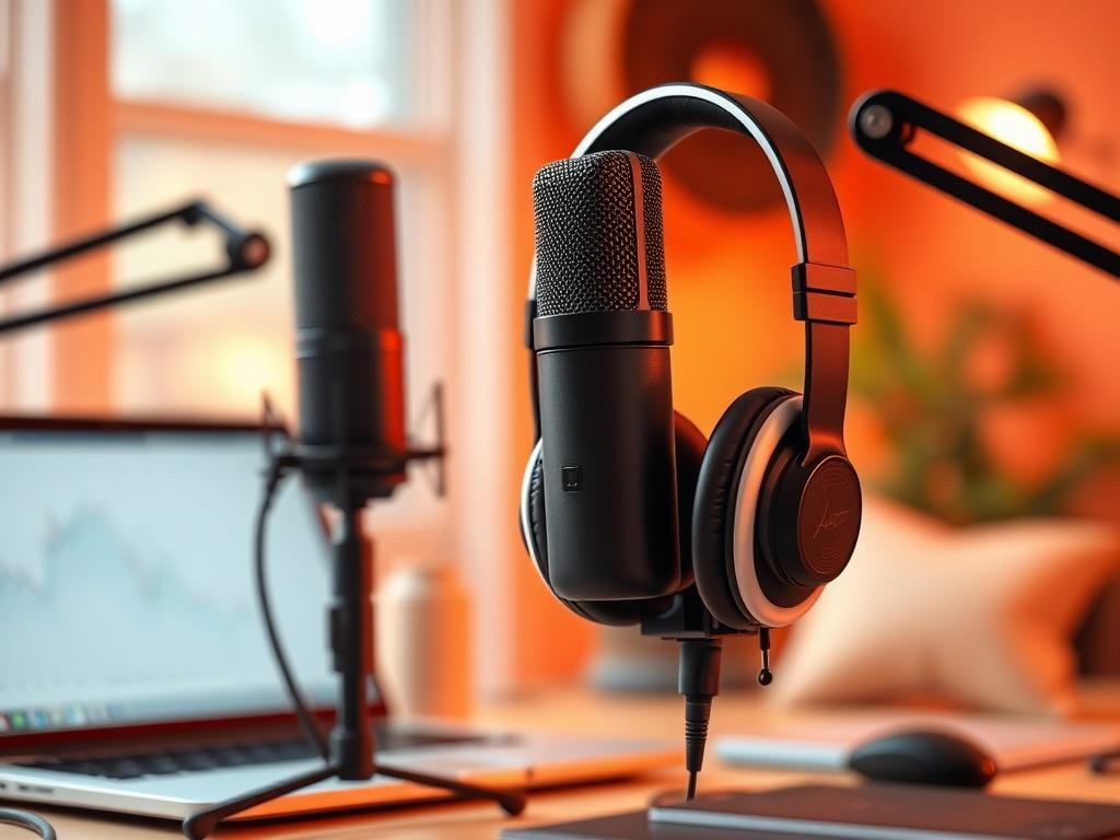 A high-resolution, hyper-realistic close-up shot of a professional podcasting setup featuring a microphone, headphones, and a laptop, set against a softly lit background that suggests creativity and artistry. The color palette should incorporate shades of orange and peach, reflecting the brand's identity. The composition should focus on the microphone as the main subject, with a blurred background that hints at an artistic environment.