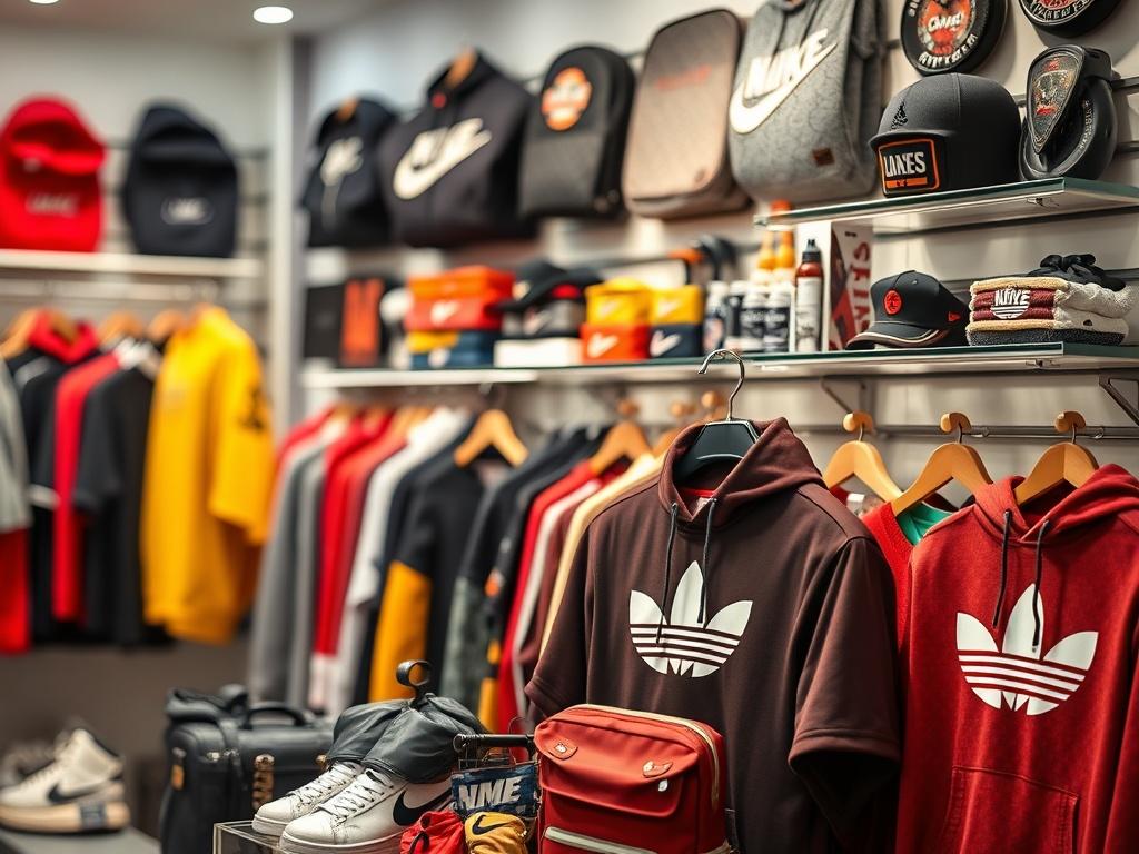 A close-up shot of a vibrant, high-quality merchandise display featuring various branded products such as clothing, accessories, and collectibles, all showcasing a cohesive brand identity. The background should be simple and unobtrusive, emphasizing the products. The lighting should be bright and inviting, highlighting the colors and details of the merchandise. The image should be shot with a 45mm f/1.2 lens to create a shallow depth of field, focusing on the merchandise while softly blurring the background