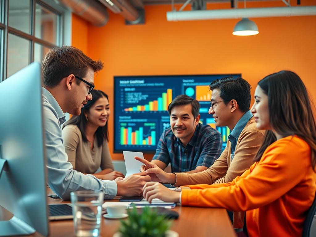 A close-up shot of a marketing team working collaboratively in a vibrant office space, focused on a digital marketing campaign. The team consists of diverse individuals engaged in brainstorming and discussing strategies, with colorful charts and graphs displayed on a screen in the background. The lighting is bright, creating an energetic atmosphere, emphasizing teamwork and creativity. The primary color theme includes shades of orange and peach, harmonizing with the brand's colors.