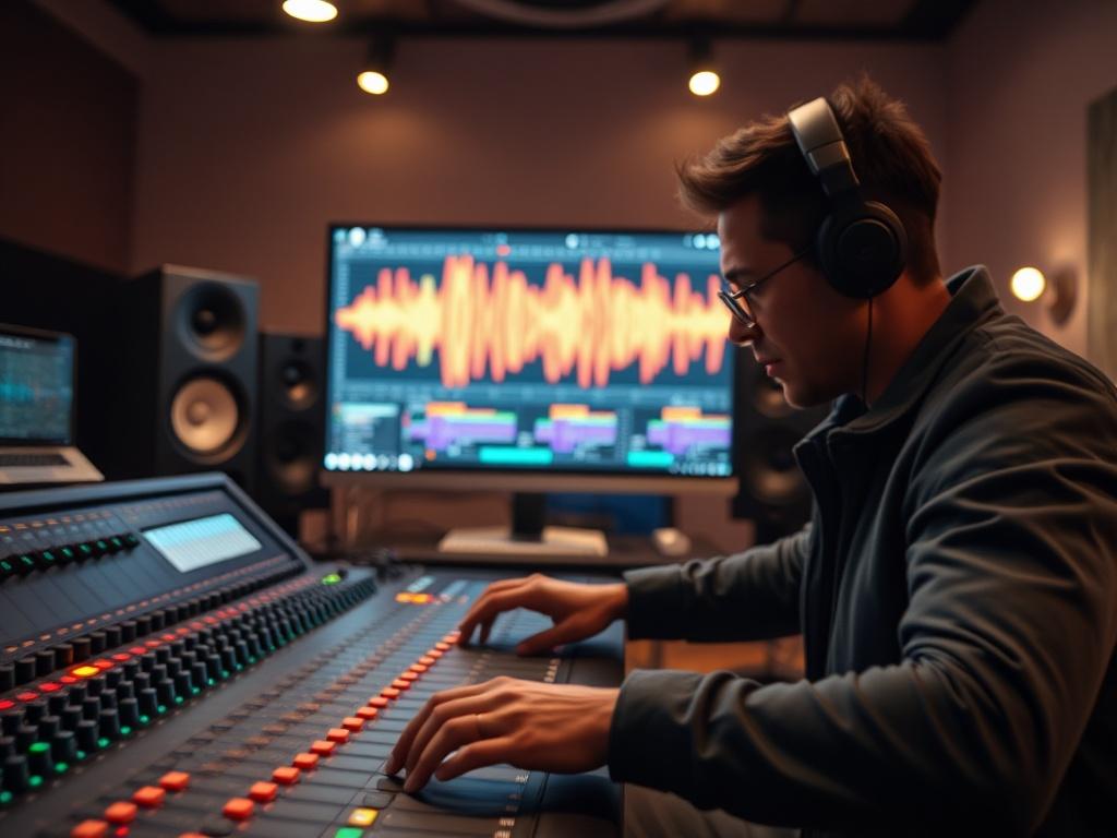 A close-up shot of a professional music producer at work in a studio, focusing on the intricate details of a mixing console, with colorful sound wave patterns displayed on a computer screen in the background. The room is dimly lit, enhancing the vibrant colors of the sound waves and the warm tones of the studio equipment. The atmosphere conveys creativity and professionalism, showcasing the essence of music production.