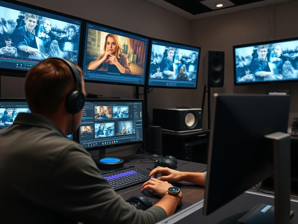 An editing suite filled with advanced editing software and monitors