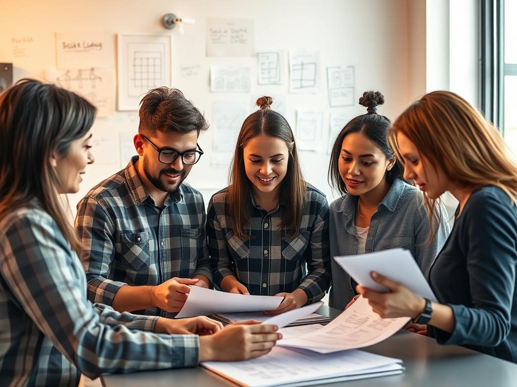 A creative team brainstorming ideas in a bright, modern studio