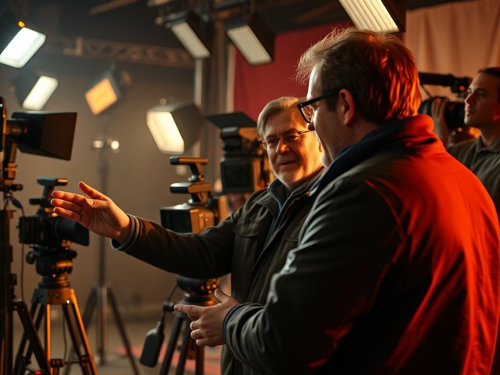 A high-resolution close-up shot of a film crew in action on a commercial production set, featuring a director giving instructions to an actor. The background showcases professional lighting equipment and cameras, creating a dynamic atmosphere. The image should capture the intensity and creativity of the production environment, with a focus on the director's expressive gestures and the actor's engagement. The color scheme should reflect the primary color rgb(205, 48, 52), enhancing the visual appeal.