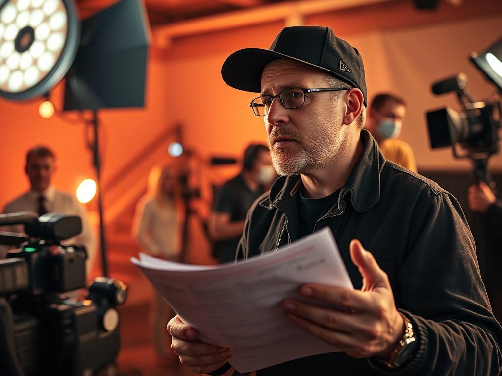A high-resolution image of a film director on set, passionately directing a scene with a camera crew in the background. The director is a focused individual, wearing a black cap and holding a script, surrounded by lighting equipment and film reels. The atmosphere is vibrant, showcasing a busy film set, with a warm color palette reflecting the energy of creativity. The image should capture the essence of filmmaking, emphasizing the creative process and teamwork.