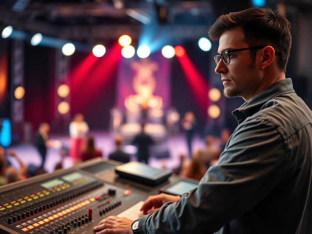 A close-up shot of a stage manager coordinating a live performance, standing behind a soundboard with focused expression. The background features the stage lit up with dramatic lights and performers rehearsing. The image should capture the intensity and professionalism of live event management, with a soft bokeh effect on the background to emphasize the stage manager's concentration.