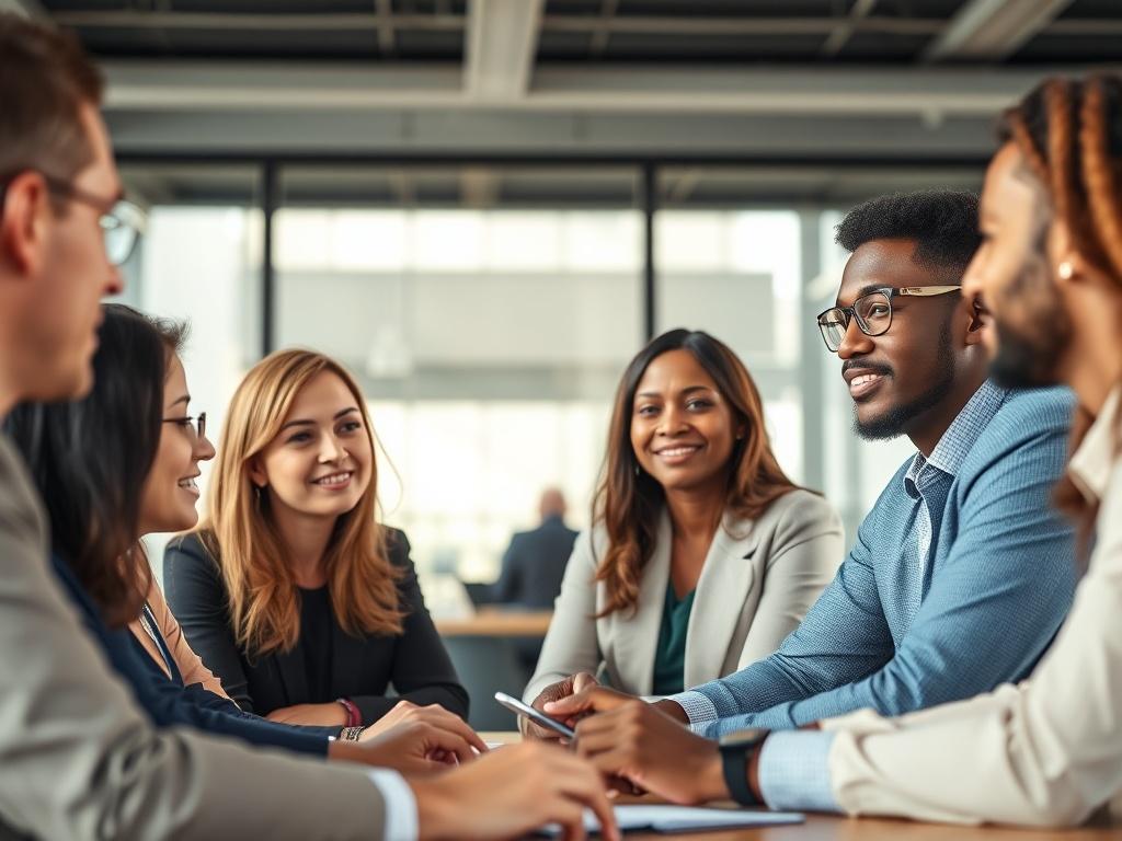 A realistic high-resolution close-up shot of a diverse group of business professionals engaged in a collaborative HR training session. The composition should include a diverse group of individuals attentively participating, with one person leading the discussion. The background should be a modern office setting with soft, natural lighting to create an inviting atmosphere.
