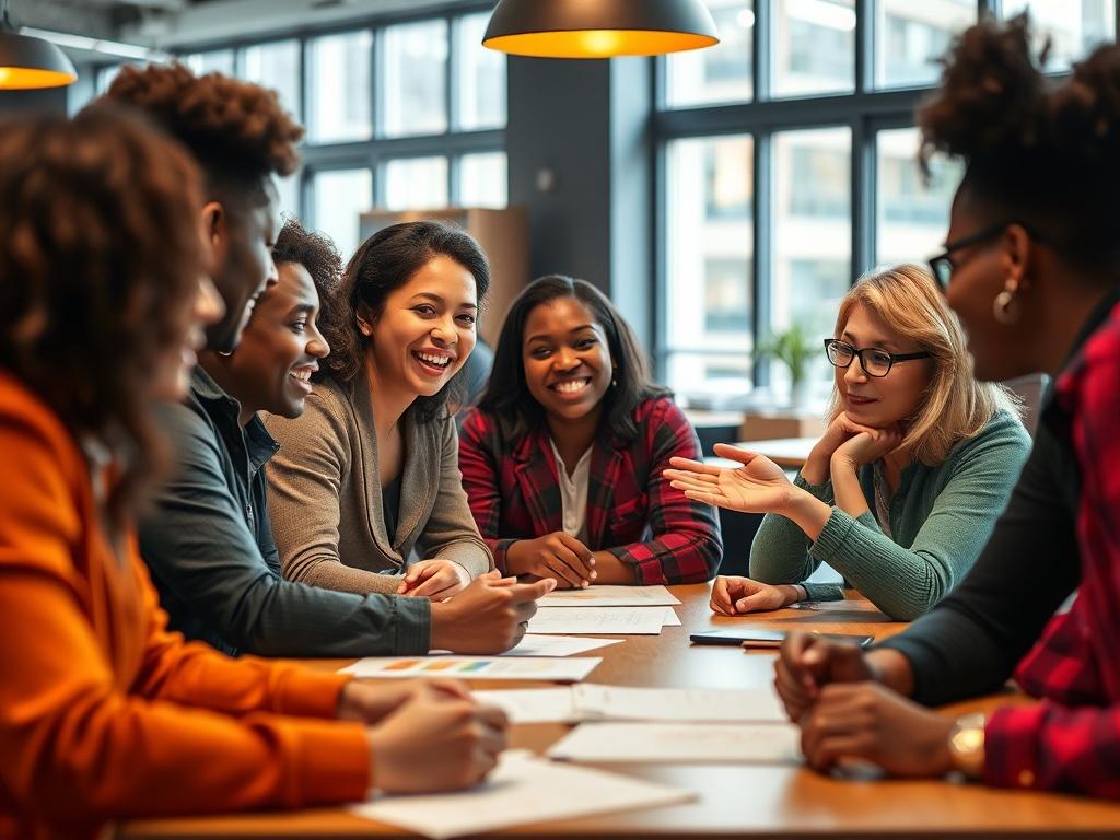 A close-up shot of a diverse group of employees engaged in a collaborative brainstorming session around a table, showcasing dynamic interactions and expressions of trust and engagement. The setting is a modern office with natural light, vibrant colors, and a warm atmosphere that highlights teamwork and inclusivity. The image should have a hyper-realistic quality, emphasizing the connection and communication among the participants.