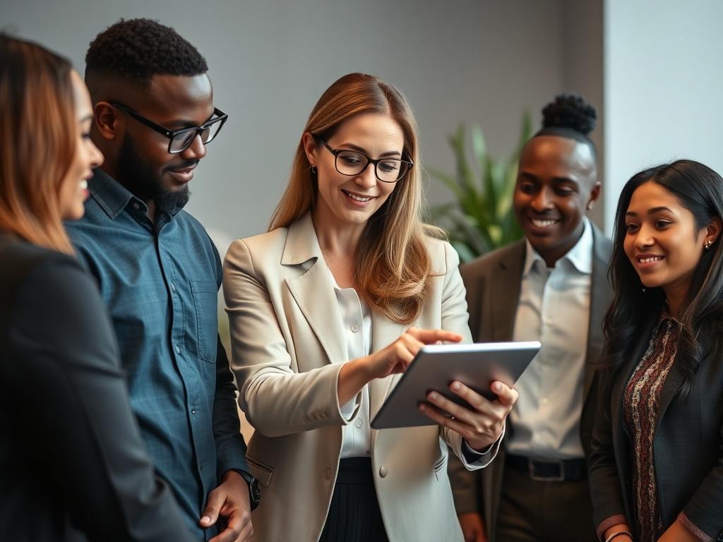 A realistic high-resolution photo of a business consultant helping a small group of diverse professionals in a modern office setting. The consultant is a middle-aged woman, wearing professional attire, actively engaging with the group by pointing at a digital tablet. The group appears attentive and engaged, showcasing a collaborative atmosphere. The background is simple, with soft-focus office elements like a desk and plants. The image should embody a sense of support and teamwork, with an emphasis on the c