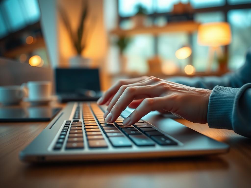 A hyper-realistic close-up shot of a person typing on a sleek, modern computer keyboard. The focus is on the hands, showcasing graceful fingers in motion over the keys, with a soft, blurred background of a cozy, well-lit workspace. The color palette features a warm ambiance, harmonizing with the primary color rgb(83, 183, 255). The scene embodies productivity and creativity, emphasizing the connection between technology and human effort.