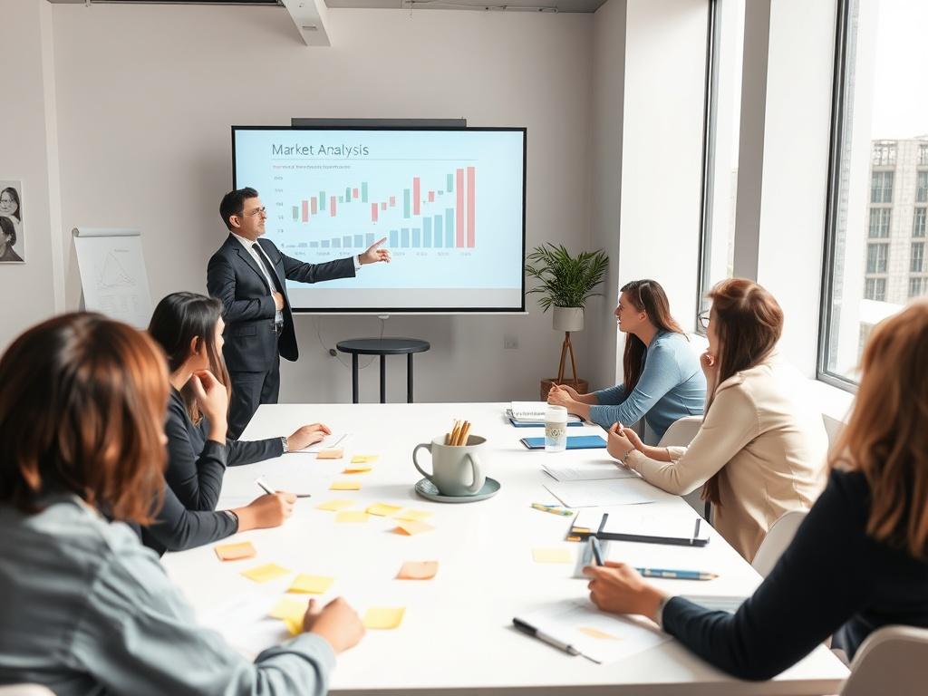 An experienced business consultant leading a market analysis workshop. The consultant stands at the front of a bright, spacious room, pointing to a projected market data chart on a screen. Attendees are taking notes and discussing insights in small groups. The atmosphere is energetic and focused, with sticky notes and brainstorming materials scattered across tables. The consultant's confident demeanor and the engaged audience reflect a commitment to learning and strategic thinking in business.