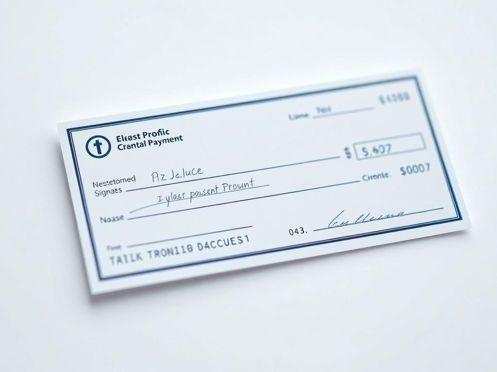 A realistic high-resolution close-up shot of an electronic check, prominently displaying the check's features such as an electronic payment symbol, digital signature, and a clear layout. The background should be simple and unobtrusive, allowing the check to be the focal point of the image. The colors should align with a modern, professional aesthetic, including soft blues and whites, to convey a sense of security and trust.