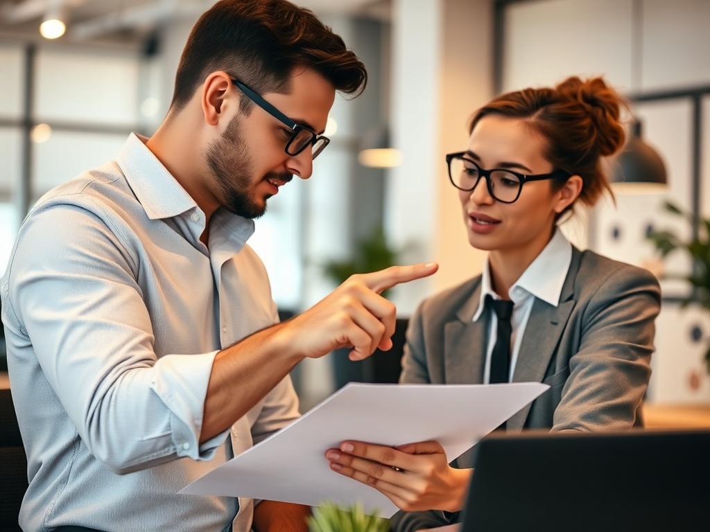 A close-up shot of two professionals engaged in a business meeting at a modern office setting. The focus should be on their interaction, with one person pointing at a document while the other listens intently. The background should be blurred to emphasize the two individuals and their discussion. The lighting is bright and inviting, creating a professional yet warm atmosphere. The color palette should complement the primary color rgb(83, 183, 255), with elements like a sleek desk and contemporary office dec