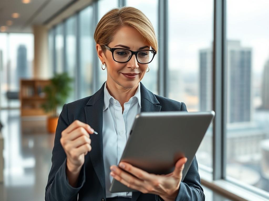 A realistic high-resolution photo of a confident manager reading a digital tablet in a modern office setting. The background features a bright, airy office with large windows, showcasing a cityscape. The manager is a middle-aged woman with a focused expression, wearing professional attire. The scene conveys a sense of empowerment and knowledge, emphasizing the importance of online education for managers.