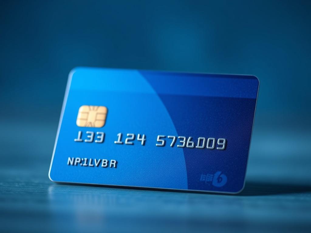 A realistic high-resolution photo of a credit card. The card should be centered in the image, showcasing its glossy surface and embossed details. The background should be softly blurred to draw attention to the credit card, with a color palette that includes shades of blue to align with the rgb(83, 183, 255) primary color. The lighting should be bright but soft, highlighting the features of the card without harsh shadows.