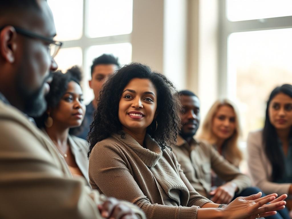 A close-up shot of a diverse group of leaders engaged in deep conversation during a leadership workshop. The setting is a well-lit, comfortable room with natural light pouring in through large windows. The focus is on one leader speaking passionately, while others listen intently with expressions of thoughtfulness and engagement. The background is softly blurred, highlighting the camaraderie and connection among the participants, with a color palette that includes the rgb(83, 183, 255) primary color.