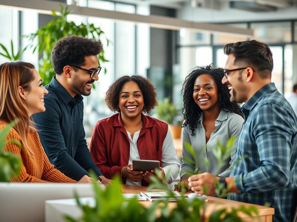 A realistic high-resolution photo capturing a vibrant office environment where a diverse group of people are laughing and enjoying a lighthearted moment together. The composition should focus on a small circle of colleagues, featuring both genders and varying ethnic backgrounds, all sharing a joyful interaction. The background should be an inviting office space with modern decor, plants, and natural light, creating a warm and engaging atmosphere.