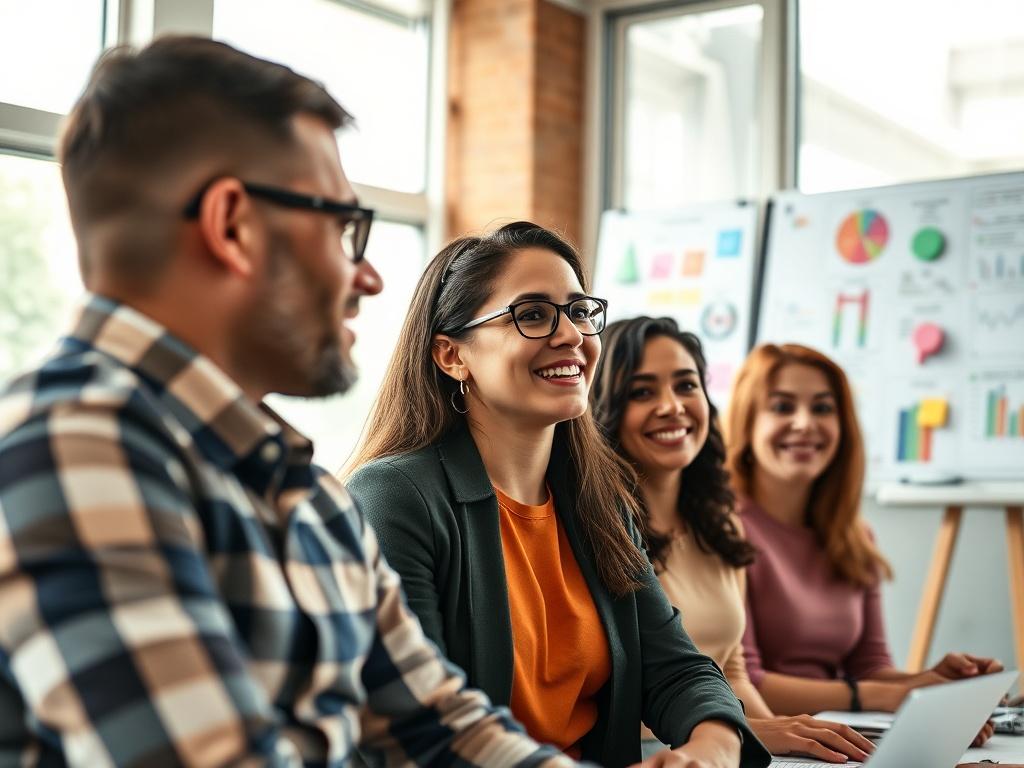 A close-up shot of a diverse group of engaged individuals participating in a business workshop. The atmosphere is vibrant and collaborative, with a facilitator presenting in front of a whiteboard filled with colorful charts and notes. The setting is bright and inviting, with natural light coming through large windows, creating a warm and inspiring environment. The focus is on the expressions of enthusiasm and determination on the participants' faces.