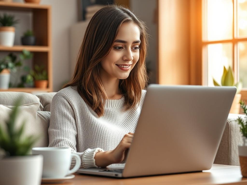 A realistic high-resolution photo of a young woman with medium-length brown hair, sitting comfortably in a cozy, well-lit room while reading an online article on her laptop. She appears focused and engaged, with a slight smile on her face, surrounded by a few decorative plants and a cup of coffee on the table. The background is softly blurred to emphasize her and the laptop. The overall atmosphere is warm and inviting, reflecting a modern workspace.