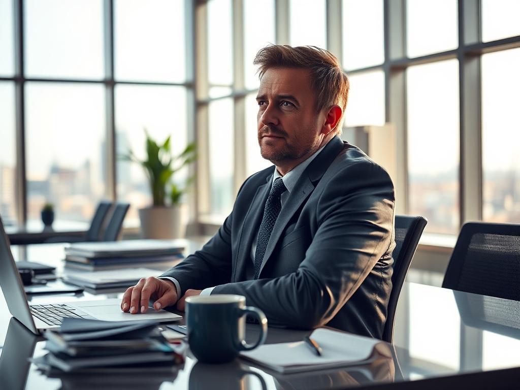 Create a realistic high-resolution photo that embodies the theme “You Don’t Lose Great People Overnight.” The sole subject of the image should be a thoughtful business consultant, a middle-aged man with short brown hair and a confident expression. He is sitting at a sleek, modern desk cluttered with papers, a laptop, and a coffee cup, suggesting a busy work environment. 

The background should feature a bright, airy office space with large windows that let in natural light, illuminating the consultant and c