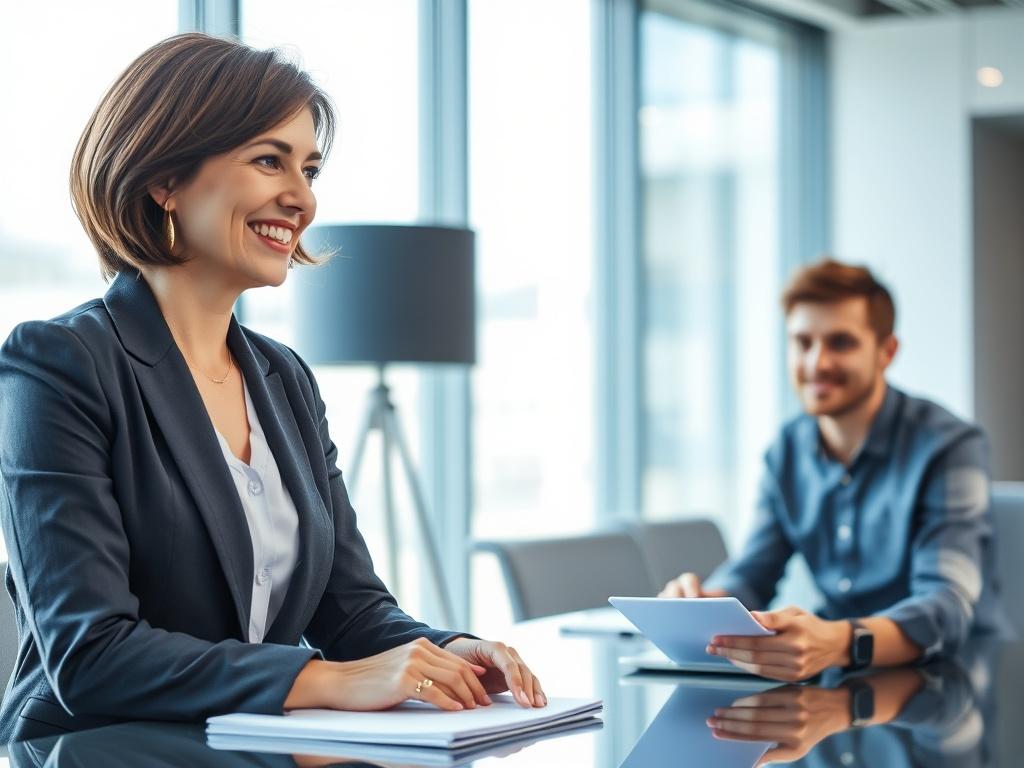 A close-up shot of a business consultant engaging with a client in a modern office setting. The consultant is a middle-aged woman with short brown hair, wearing a professional blazer and smiling warmly. The client is a young man in a casual shirt, looking attentive and taking notes. The background features a sleek desk with a laptop and a notepad, with natural light streaming through large windows, creating a bright and inviting atmosphere. The color palette includes shades of blue, complementing the rgb(83