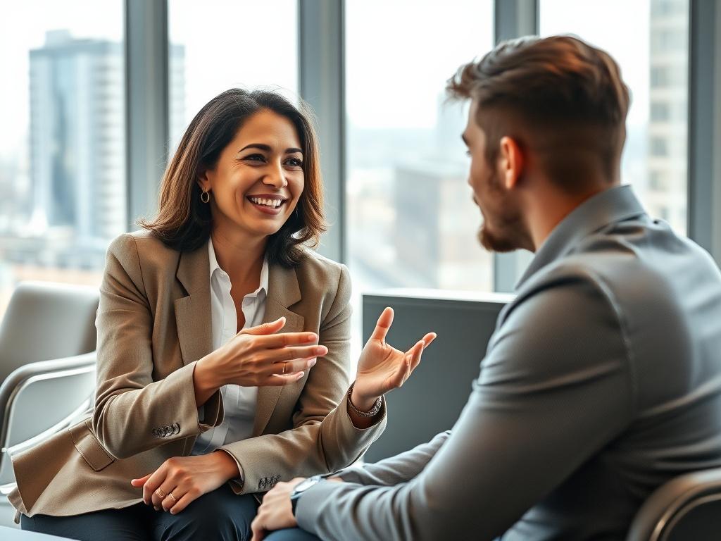 A close-up shot of a confident business consultant engaging with a client in a modern office setting. The consultant, a middle-aged Hispanic woman, is smiling and gesturing as she discusses strategies with a young Caucasian man sitting across from her. The background features sleek office furniture and a large window with natural light streaming in, showcasing a cityscape. The image captures a moment of collaboration and professionalism, emphasizing trust and expertise.