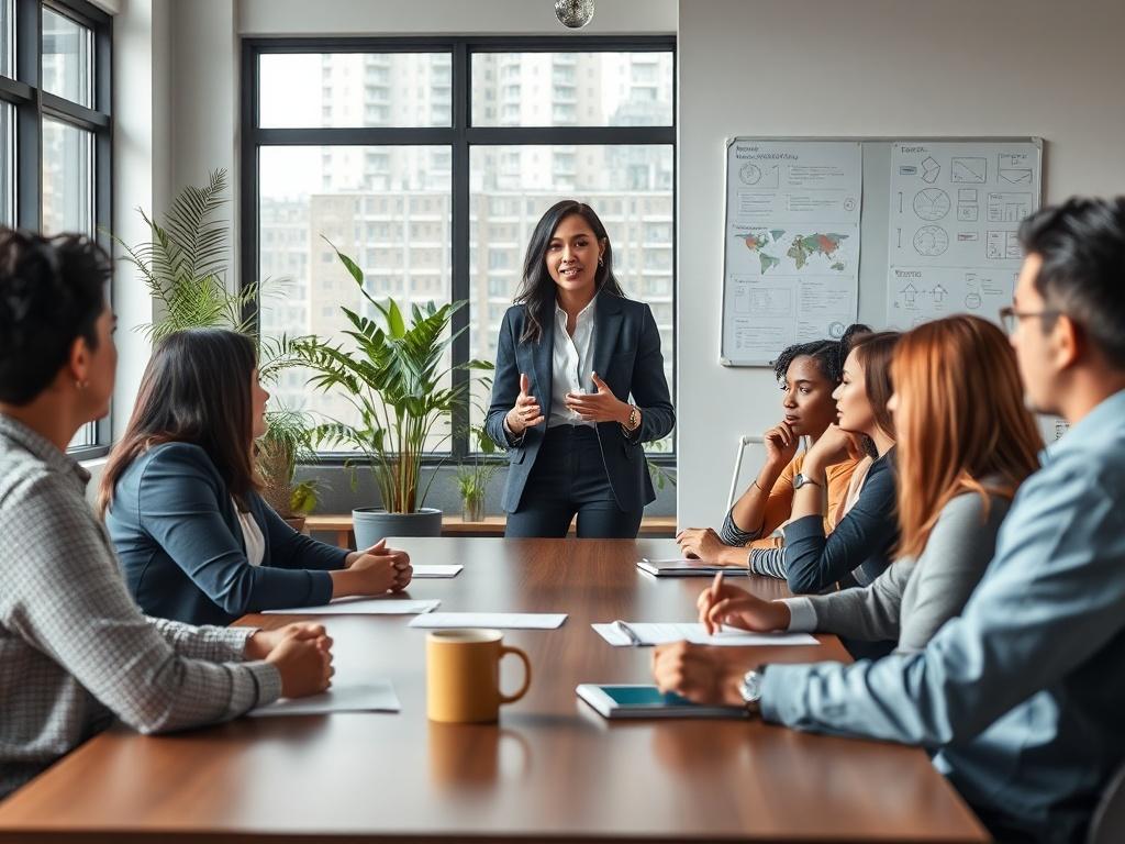 A professional office setting featuring a woman leading a dynamic group discussion. The scene captures a diverse group of engaged individuals seated around a modern conference table, with the woman standing confidently at the head of the table, gesturing as she speaks. The background includes large windows letting in natural light, plants for a touch of greenery, and a whiteboard filled with notes and diagrams. The overall atmosphere is collaborative and inspiring.