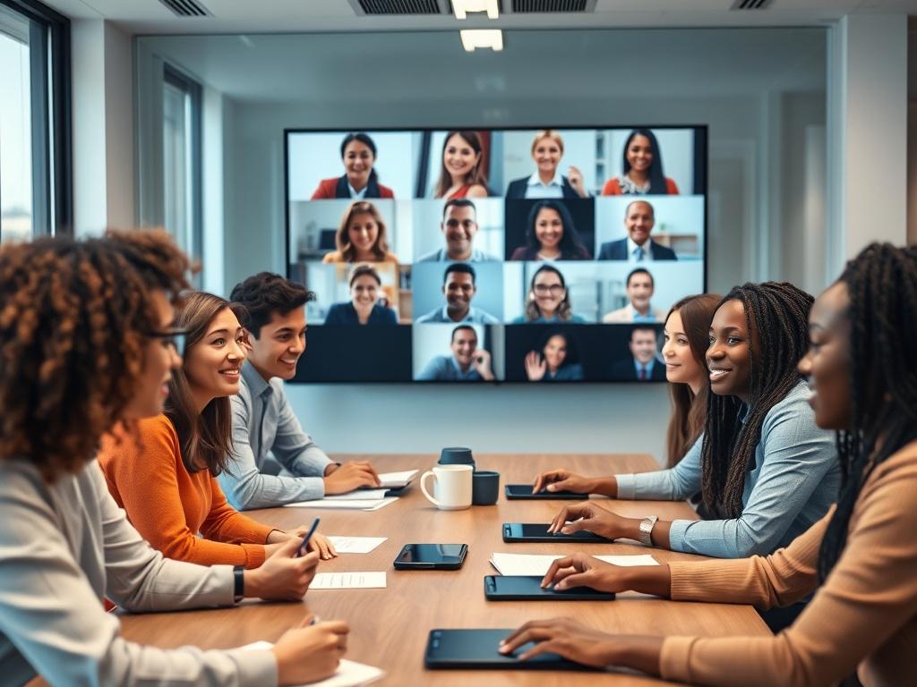 A close-up shot of a diverse group of employees participating in a hybrid meeting, with some in the office and others on a video call. The setting is a modern conference room, with a large screen displaying the remote participants. The focus is on the engaged expressions of the individuals, showcasing inclusivity and collaboration. The background should reflect a professional environment, with bright lighting and minimal distractions, emphasizing the importance of diversity and inclusion in the workplace.
