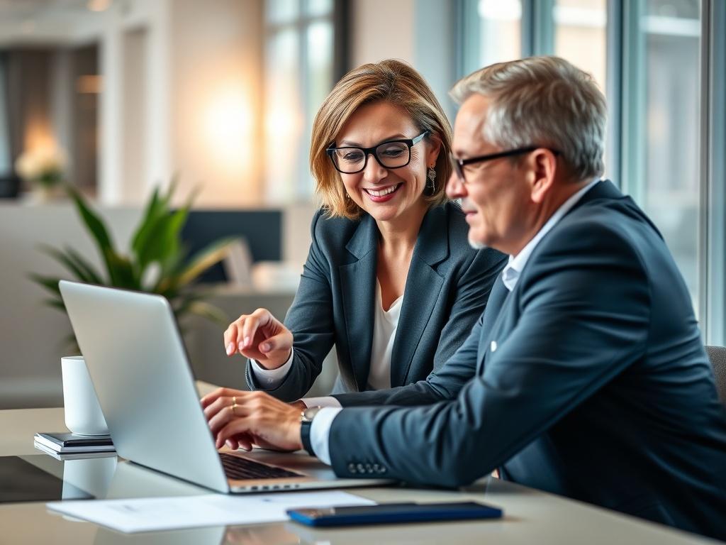 A close-up shot of a confident business consultant in a modern office setting, engaging with a client over a laptop. The consultant, a middle-aged woman with glasses, is smiling and pointing at the screen. The background features a sleek desk with documents and a potted plant, all in a well-lit, professional atmosphere. The color theme should reflect rgb(83, 183, 255) to create a vibrant and inviting feel.