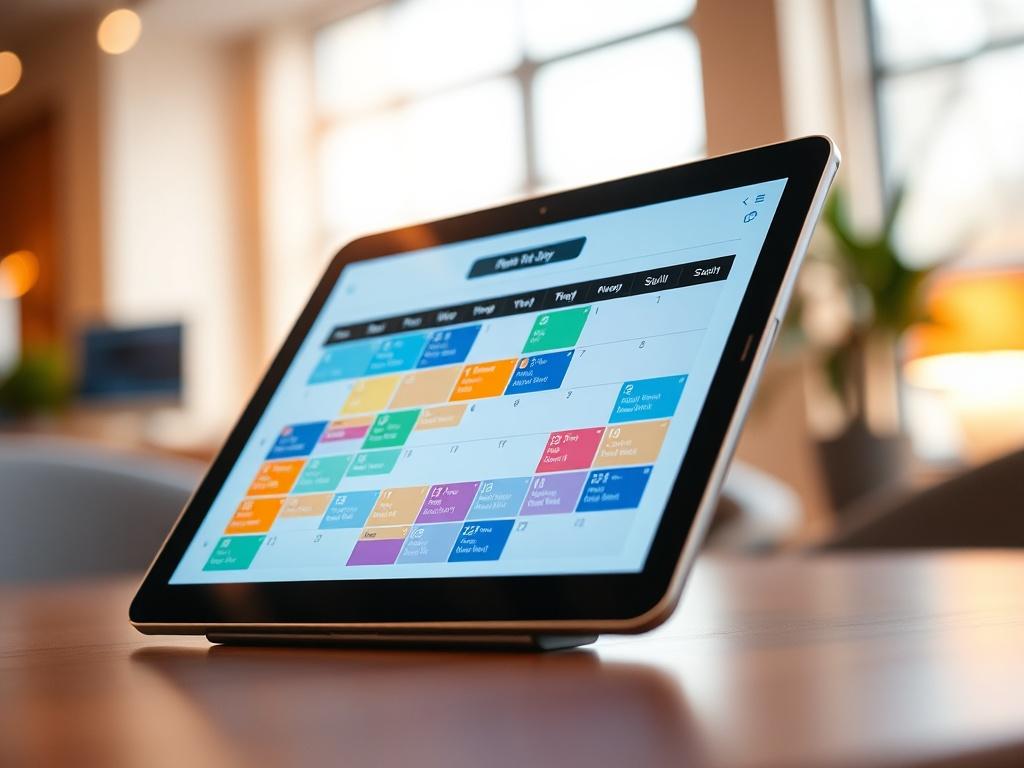 A hyper-realistic close-up shot of a sleek, modern digital calendar interface displayed on a tablet. The calendar shows a colorful month view with various scheduled events marked. The background is a softly blurred office setting with warm lighting, enhancing the focus on the tablet. The overall color scheme should incorporate shades of blue, particularly rgb(83, 183, 255) as the primary color, to create a fresh and inviting atmosphere.