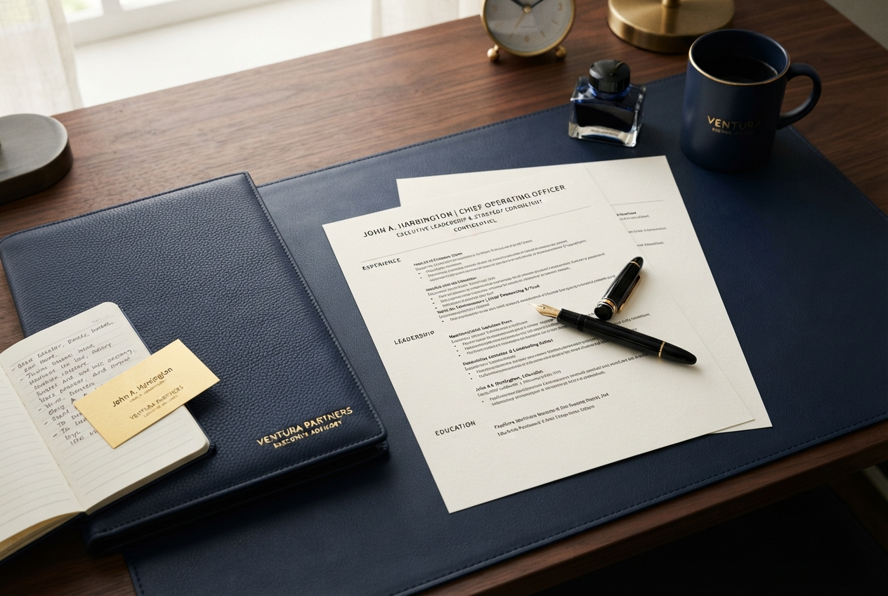 Professionally prepared resume documents on an elegant executive desk