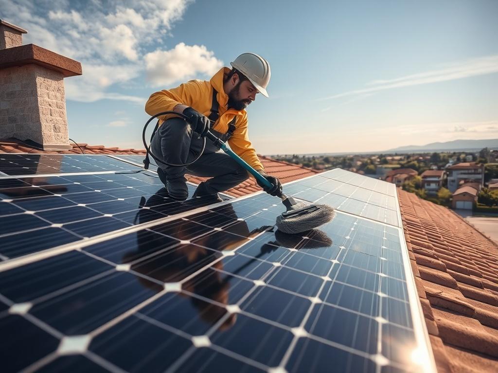 A high resolution image of a technician cleaning solar panels